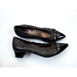 AGL Pyramid Stud Pointed‎ Toe Pumps Women 36.5 US 6.5 EUC Block Heel Leather